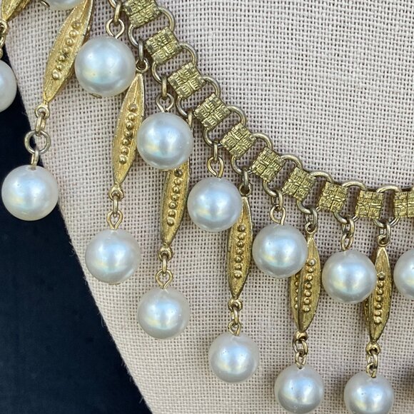 Coro Gold Tone Pearl Drop Waterfall Fringe Bib Necklace - signed - Picture 3 of 15
